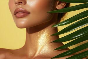 Shimmering skin with a tropical leaf on a vibrant yellow background. photo
