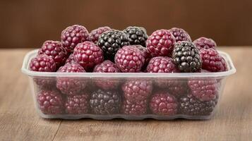 Fresh blackberries in a clear plastic container on a wooden surface. photo