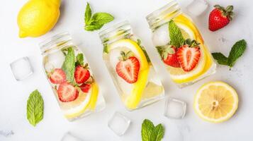 Refreshing fruit-infused drinks with lemon and strawberries in jars. photo