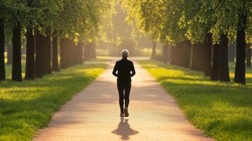 Person jogging on a path surrounded by trees in golden sunlight. photo