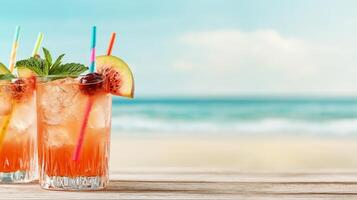 Tropical cocktails on a beach with vibrant colors and refreshing vibes. photo