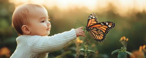 A baby reaching for a butterfly in a sunny, green setting. photo