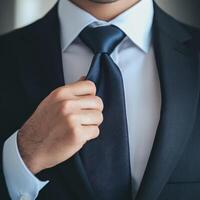 Dapper man adjusting his tie in a formal suit setting. photo