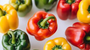 Colorful bell peppers arranged neatly on a white surface. photo