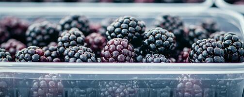 Fresh blackberries in a clear container ready for sale. photo