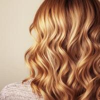 Hair with soft waves and highlights against a neutral background. photo