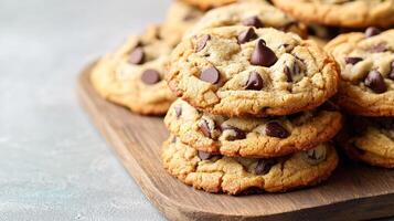 Delicious chocolate chip cookies stacked on a wooden platter. photo