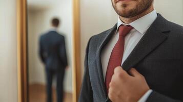 Man adjusting his suit in front of a mirror. photo