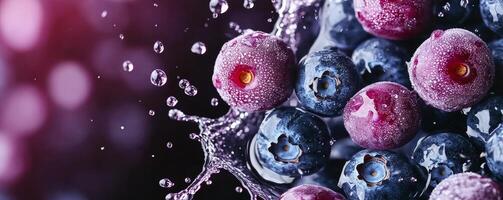 Fresco arándanos salpicaduras en agua con vibrante colores. foto