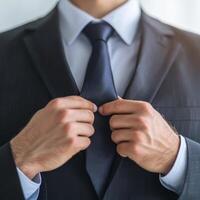 Man adjusting tie in a suit, exuding professionalism and confidence. photo