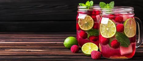 Refreshing raspberry lemonade in mason jars with mint and lime. photo