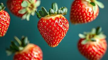 Fresh strawberries floating against a teal background. photo