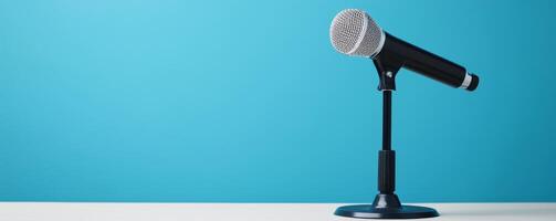 Microphone on a stand against a blue background. photo