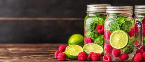 Fresh fruit-infused drinks in jars with mint and raspberries. photo