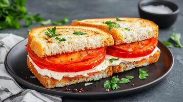 Delicious sandwich with tomatoes and creamy spread on whole grain bread. photo