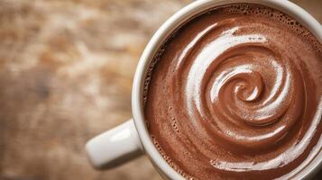 Warm cup of chocolate with a creamy swirl design. photo