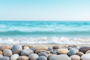 Pebbles on a beach with a tranquil ocean background. photo