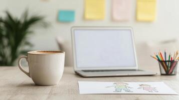 Cozy workspace with a laptop, coffee cup, and colorful sketches. photo