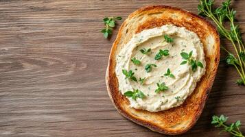 Sliced bread topped with creamy spread and fresh herbs on wooden surface. photo