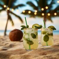 Two refreshing cocktails on a sandy beach with palm trees in the background. photo