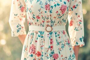 Floral dress with belt in a soft, natural background. photo