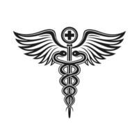 Caduceus medical symbol with wings and snakes in black and white vector