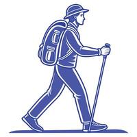 Hiker with backpack and walking stick graphic in blue tone illustration vector
