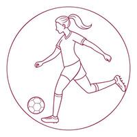 Minimalist illustration of a woman athlete playing soccer outlined in maroon circle vector
