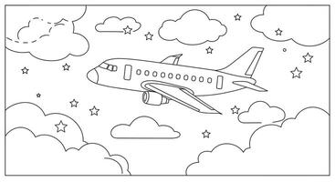 A coloring page with an airplane flying in the sky vector
