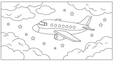 A coloring page with a plane flying in the sky vector