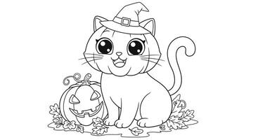 A cat in a witch hat coloring page vector