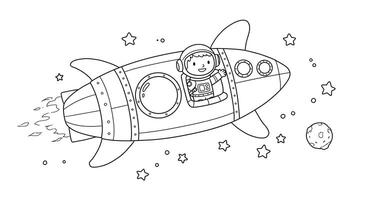 A coloring page with an astronaut in a rocket vector