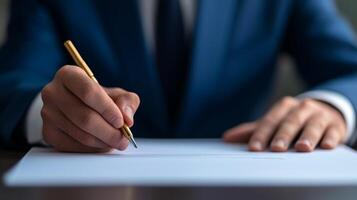 A person signing a document with a pen on a desk. photo