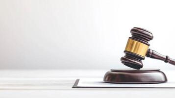 Gavel resting on a document symbolizing law and justice. photo