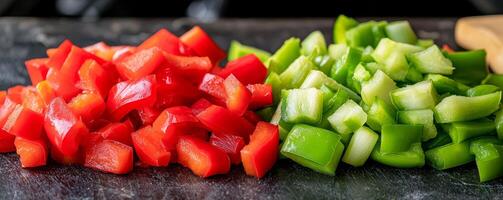 Chopped red and green bell peppers on a dark cutting board. photo