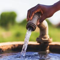 Hand holding a water spout, pouring fresh water into a basin. photo