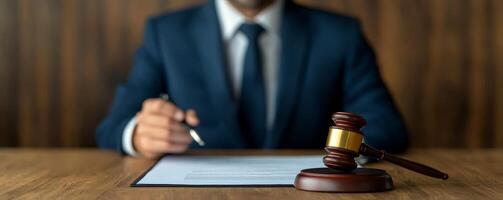 Businessman signing a legal document with a gavel on the table. photo