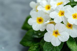 Delicate white flowers with yellow centers adorned with droplets of water. photo