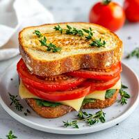 Grilled tomato sandwich with fresh herbs on a plate. photo