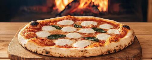 Delicious pizza baked in a wood-fired oven. photo