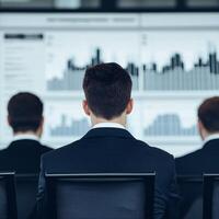 Business professionals analyzing data on large screens. photo