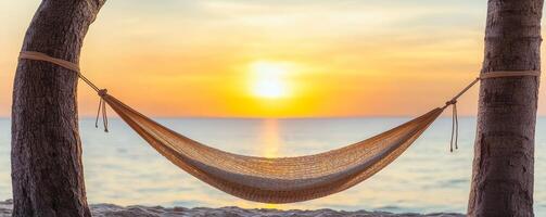 Hammock between trees at sunset by the sea. photo