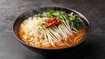 Delicious bowl of spicy noodle soup with fresh herbs and vegetables. photo