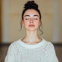 Serene woman in a cozy sweater with closed eyes in soft lighting. photo