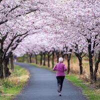 Runner beneath blooming cherry blossoms in a serene park pathway. photo