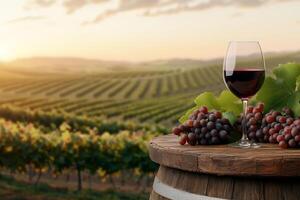A glass of red wine with grapes on a barrel in a vineyard at sunset. photo