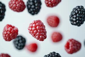 Colorful assortment of raspberries and blackberries on a light background. photo