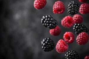 Berries falling against a dark background. photo