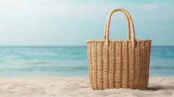 Beach scene featuring a woven bag on the sand by the water. photo