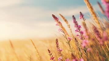 Serene landscape with wildflowers and golden grass under a clear sky. photo